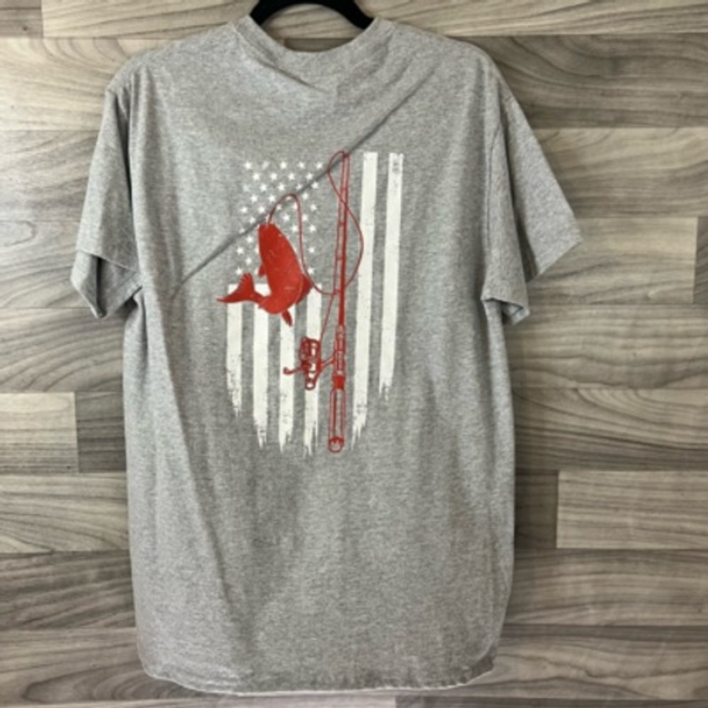 American Flag Fishing Mens Graphic T-Shirt Gray Heathered Short Sleeve Cotton M